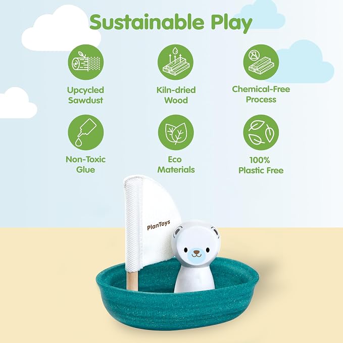 PlanToys® Polar Bear Sailing Boat Bath Toy for Toddlers, Montessori Wooden | polar bear sailing boat, montessori floating bath toy, water play, bathtub pool water table, kids toddlers wooden imaginative