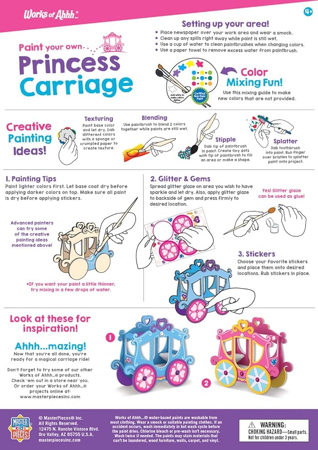 Princess Carriage Wood Paint Kit - Classic Craft Set for Kids - Includes Paint, Glitter, Gem Stones - Ages 4+ - Princess Crafts & Carriage Toy