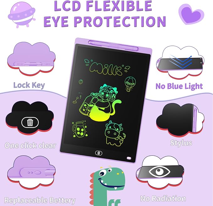Genialba LCD Writing Board 8.5 Inches, Colourful Electronic Tablet, Portable Erasable Drawing Board, Graphic Tablet for Children's Games 3 4 5 6 7 Year Old Kid Boys Girls (Purple)