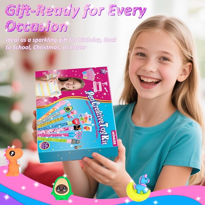 MOMUSE DIY Pen Making Kit for Kids Girls 6-12, Pen Creator Studio Craft Kit | 50 Accessories, Makes 12 Sparkly Pens with Sequins Beads, Mess-Free, Tween Girls Birthday Presents Gift