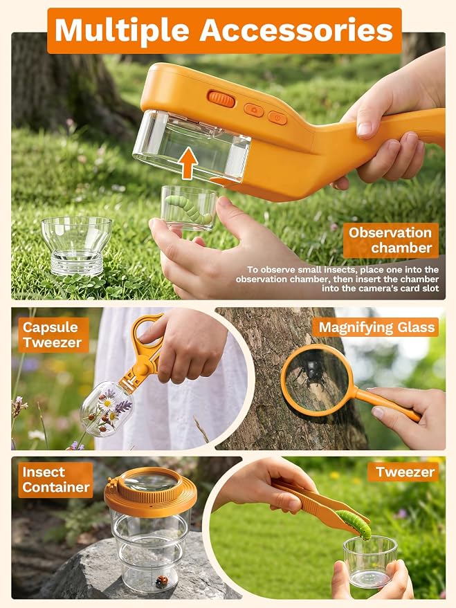 Bug Catcher for Kids with Microscope, Bug Catching Kit-Orange | Kids Microscope, Outdoor Toys with Magnifier, Tweezers & Insect Box, STEM Educational Birthday Gift for Kids Ages 3-12
