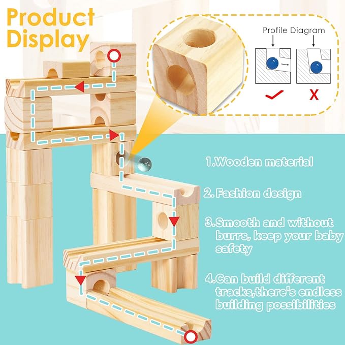 Wooden Marble Run for Kids, 80 Pieces Maze Construction Building Play Set | Wood Building Blocks Toy, Marble Track Maze Game, STEM Educational Learning Toys for Kids