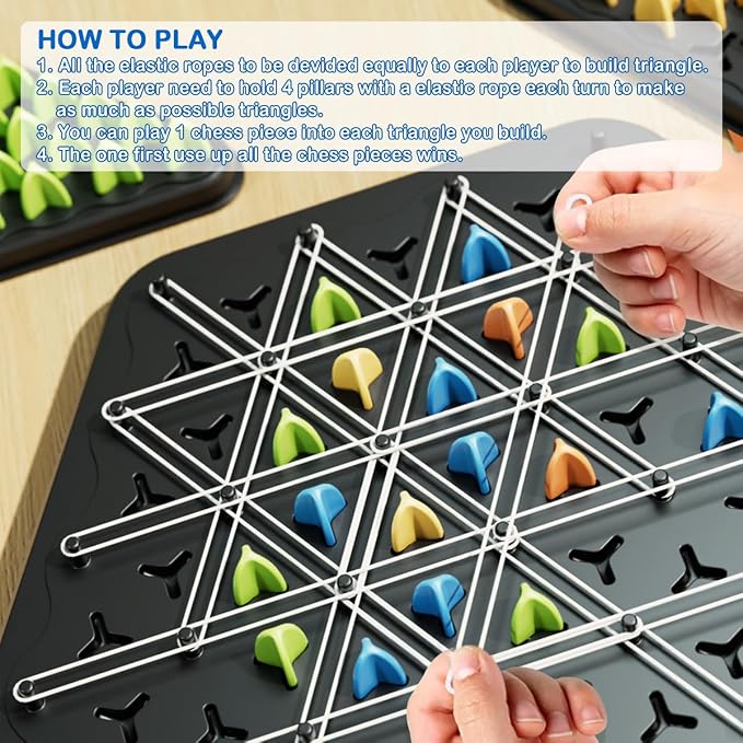 Chain Triangle Chess Game, Triangle Chain Strategy Game for Family Night | Triangle Game with Rubber Bands for Kids and Adults, 2 to 4 Players