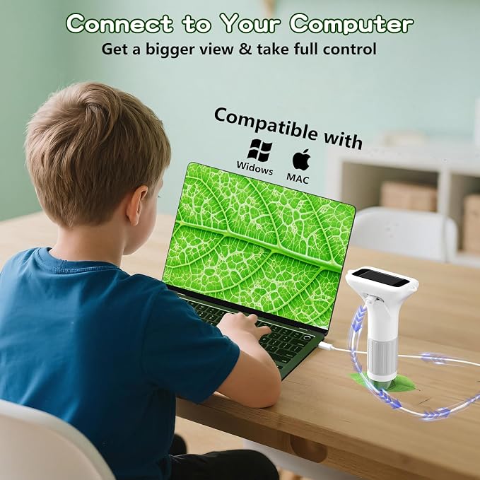 Odatay 1000X Digital Kids Microscope Kit with 12 Slides & 2" Screen, White | 1080P Imaging, Fit Ages 3-12, Standalone Pocket Science Edu Toys Gifts, Outdoor Backyard Bugs Exploring, Anti-drop Lanyard