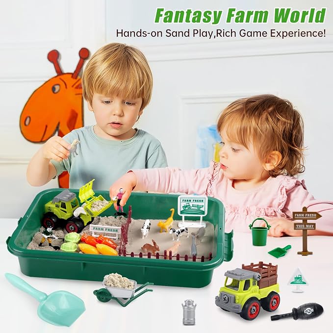 Aliex Farm Sensory Bin, Sensory Kits with Play Sand for Toddlers Ages 3-8 | 31pcs Farm toys with 2.2lbs moldable magic sand, animals trucks for creative play, sandbox with lid, birthday gift for boys