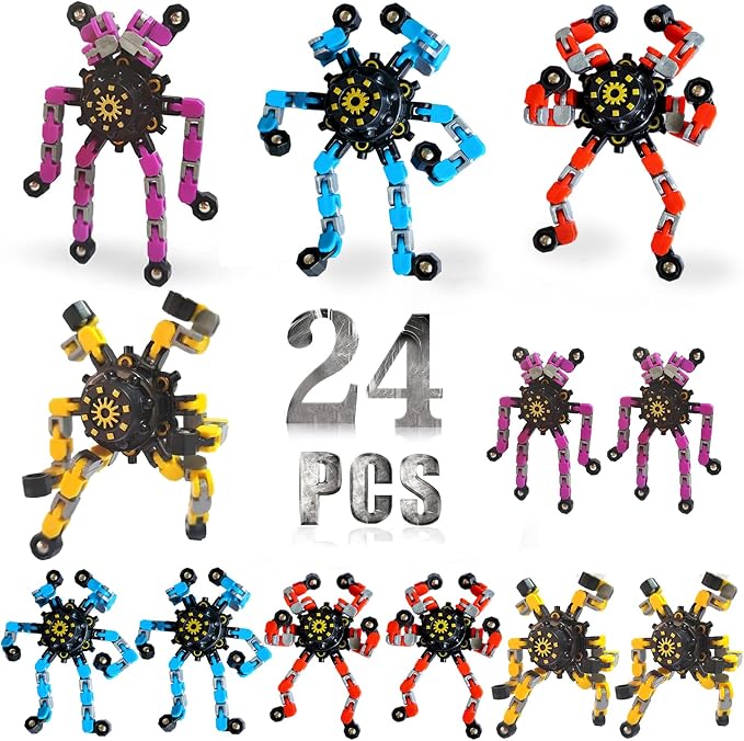 24 Pcs Funny Sensory Fidget Toys,Deformable Chain DIY Robot Spinners Fingertip Stress Relief Gyro Toy Birthday Gifts Christmas Goodie Bag Stuffers Classroom Prizes Party Favors for Kids Adults