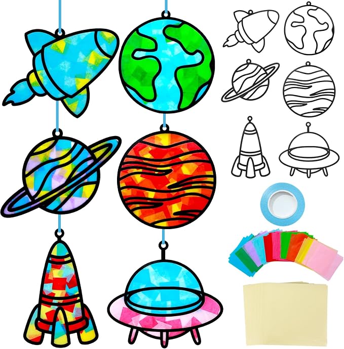 Qyeahkj 36 Set Outer Space Suncatchers Crafts for DIY Solar System Window Tissue Paper Craft Kit Space Hanging Decor for Planet Home Activity Art Project Birthday Party Favor Gift