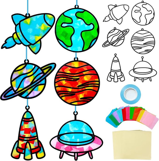 Qyeahkj 36 Set Outer Space Suncatchers Crafts for DIY Solar System Window Tissue Paper Craft Kit Space Hanging Decor for Planet Home Activity Art Project Birthday Party Favor Gift