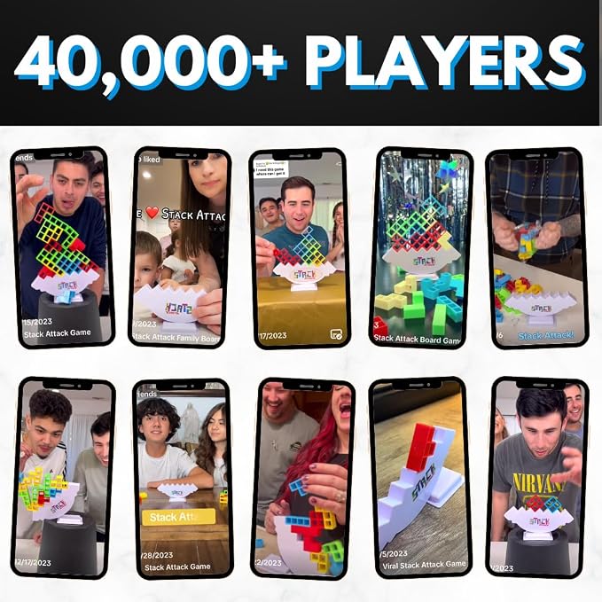 Stack Attack Tower Game for Kids & Adults, Family Balance Stacking Game Set | 48 pieces, 36 challenge cards, balance and stacking gameplay, family game night, gift for kids and adults