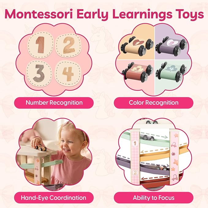 TOP BRIGHT Toddler Toys for 1 Year Old Girl Gifts, Wooden Car Ramp Toys | Includes 4 Cars & Garage, Wooden Ramp Develops Motor Skills, Montessori Learning Toy for Girls 1-3 Years