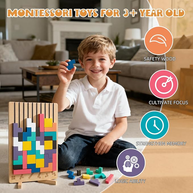 BSADIY Montessori Brain Blocks Wooden Stacking Puzzle Toy for 3-6 Year Old | Educational Montessori Toys for Kids, Colored 3D Russian Block Stacking Jigsaw Tetris Puzzle, Giant Building Block Board Game
