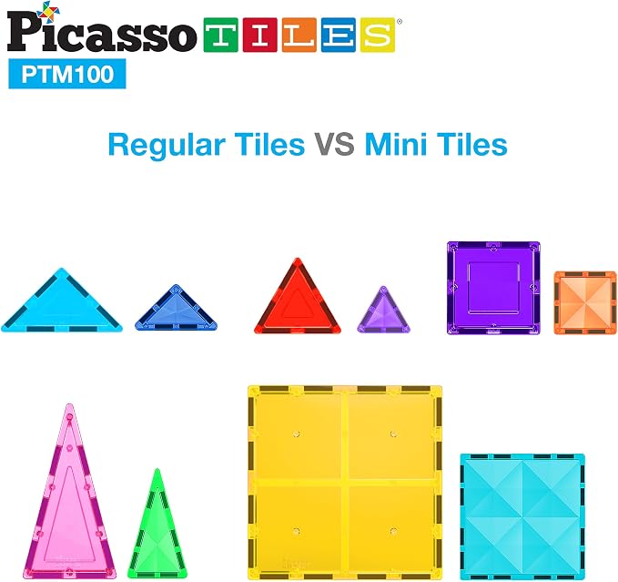 PicassoTiles 100 Piece Mini Magnetic Tiles, Travel STEM Toy for Kids 3+ | Diamond-shaped design, translucent pieces, compact carrying case, Montessori-inspired play, screen-free creativity