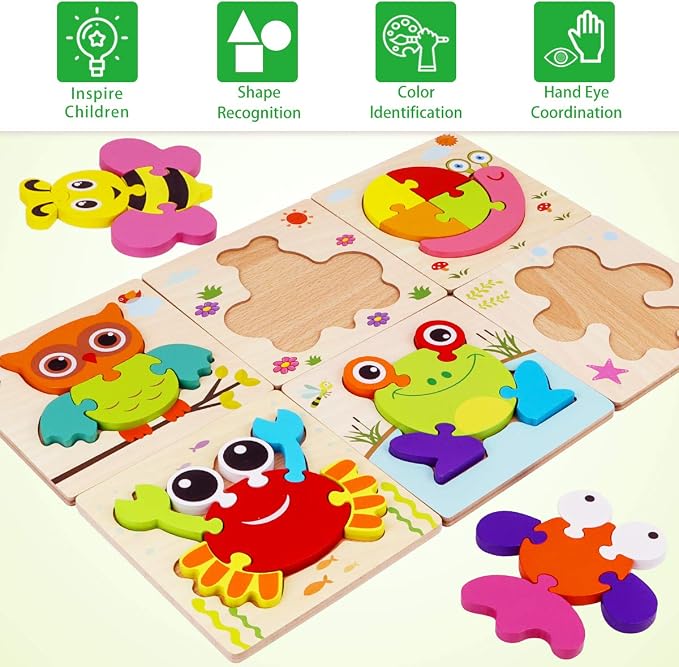 Wooden Montessori Puzzles for Toddlers Kids: Toys for 1+ Year Old Boy Girl | Toddler Puzzles Ages 1-3 2-4 Montessori Toys Gifts for 1 2 3 Year Old Girls Boys Kids Baby Preschool Learning Educational Toy