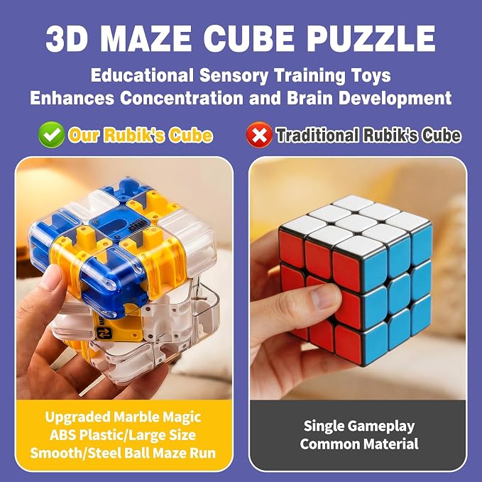 3D Maze Cube Ball Puzzle Brain Teaser for Adults & Kids, Educational Learning Toys Logical Thinking, Family Board Games Tabletop, Durable Puzzle Cube (White&Blue&Yellow, 2.7x2.7x2.7)