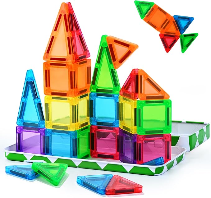 MAGBLOCK 30PCS Mini Magnetic Tiles with Portable Box for Kids 3+ | Travel Size Toys Magnetic Building Blocks Set, STEM Sensory Montessori Toys for Road Trip Essentials Airplane Car Activities