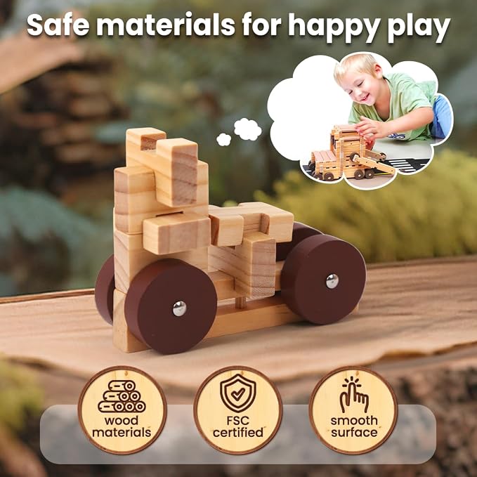 Jovi-mindly＆Notchies C117PCS Wooden Blocks Car Set Wooden Blocks with Wheels＆Vehicle Stickers|Preschool Learning Toys Wood Blocks Building for Kids Ages 3+ Creative Construction Birthday Toys Gifts
