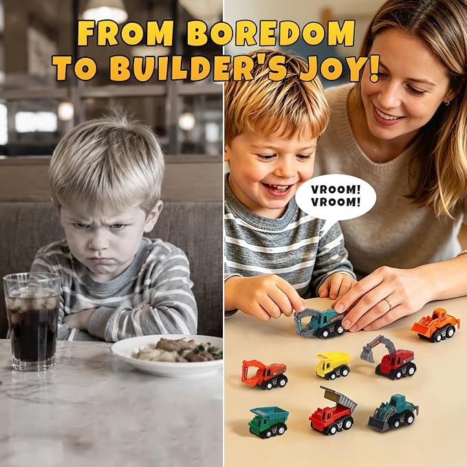 Small Construction Vehicles Toy Cars for Toddlers 1-3, Mini Pull Back Cars Trucks for Toddlers 2-4, Birthday Party Favors Kids 3-5, Goodie Bag Stuffers Boy Potty Training Prizes Sensory Bin Toys (9)