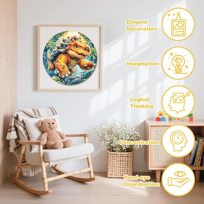 Dinosaur Wooden Puzzles for Kids - Ankylosaurus | 50 Piece Puzzles for Kids Ages 6-8, Kids Puzzles with Unique Animal Shapes, Round Gift for Girls and Boys (11.4 * 11.4 in)