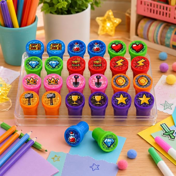 Cinrobiye 24 Pcs Pixel Stampers Party Favor Set, Cute Pixel Art Stamps for Kids Birthday Party, Classroom Rewards, Gaming Themed Party Supplies, Goody Bag Fillers, Retro Pixel Toys