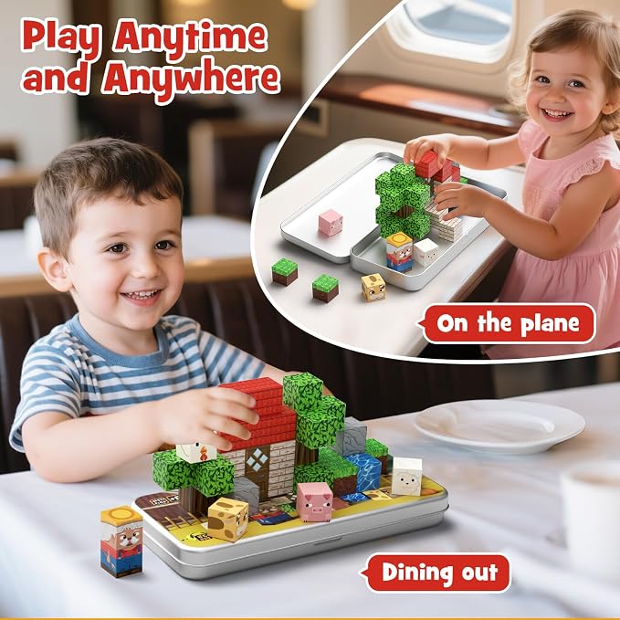 Mini Magnetic Blocks Farm Animals: 35pcs Travel Building Set for Toddlers | STEM Magnet Toys & Portable Iron Box for Kids Ages 3-8 Airplane Activities