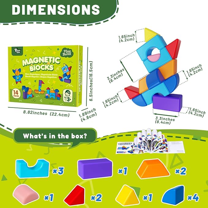 Pairez Toys Large Magnetic Building Blocks for Kids, 14pcs Magnet Toys | Toddlers Building Blocks in 7 Shapes & 7 Colors, 1.65in Large Magnetic Cubes, Preschool Learning Toy for Boys & Girls Ages 3+