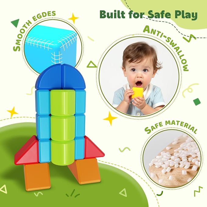 Pairez Toys Magnetic Blocks for Kids Ages 1-3, Large Building Blocks | Geometric 3D Shapes, 12 PCS Stacking Blocks Set, Montessori Sensory Toys for Toddlers, Boys & Girls, Kids Travel Toys