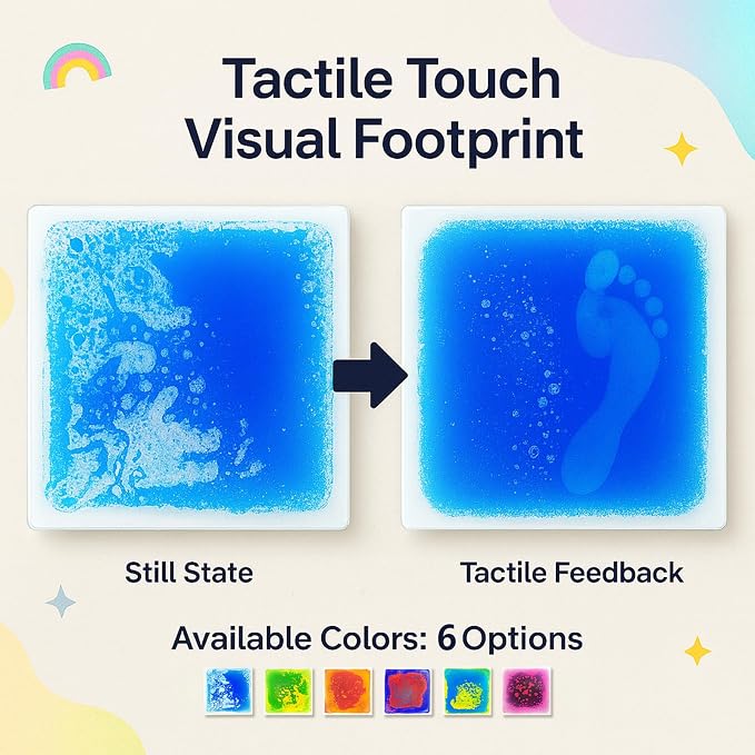 Liquid Sensory Floor Tiles for Kids Ages 3+, 12" Step-On Tiles with Non-Slip Base, Interactive Color-Flow, Assorted Colors, Classroom Sensory Path Set (6-Pack)
