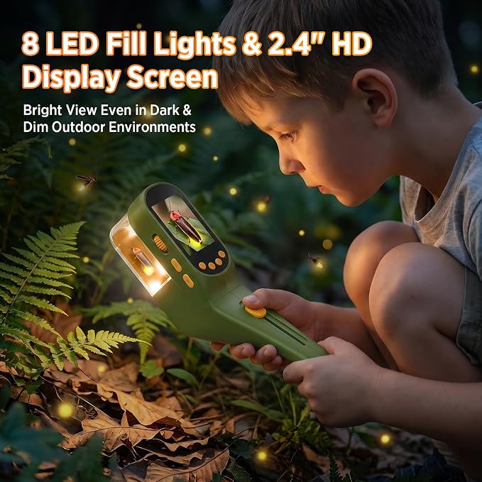 Kids Bug Catcher Microscope STEM Exploration Toy for Ages 3+ | 2.4" IPS screen, 500X Magnification, 8 LED lights, photo and video record, bug catching kit for kids 3‑12 outdoor STEM toy