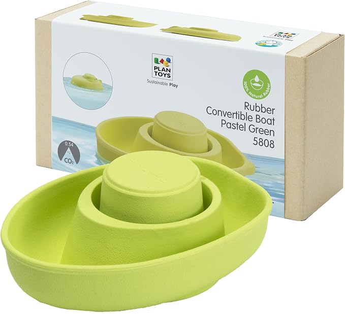 PlanToys® Pastel Green Rubber Convertible Boat Water & Sensory Play Toy | pastel green rubber convertible boat, montessori water bath play, cause effect imagination exploration, floating toy, toddler