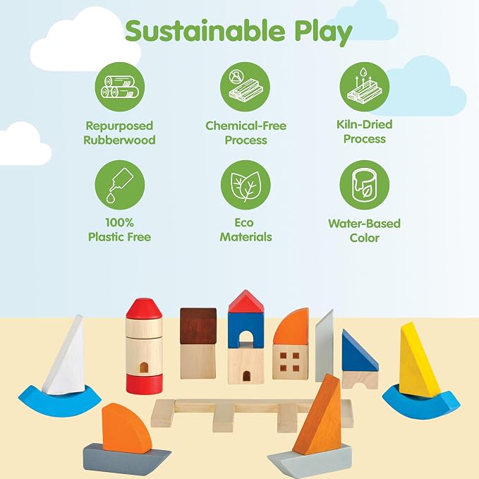 PlanToys® Marina Blocks Wooden Montessori Building & Creative Kids Play Set | shapes, boats, construction toys, sorting & stacking toys, girls, boys, spatial STEM fine motor imaginative gift preschool