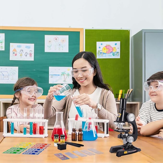Little World Kids Microscope with LED Light - 100X/400X/1200X Magnification | Beginner science kit, monocular view, educational STEM gift for ages 5-12, Black