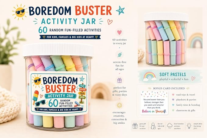 Boredom Buster Jar - PAS | Family Activities, 60 Activities, Screen-Free Fun, Kids & Families, Activity Jar
