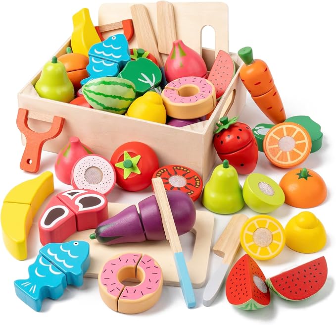 34Pcs Wooden Play Food for Toddlers - Toy Food with Velcro Fruit & Veggies | Play Food Sets for Kids Kitchen Accessories with Basket Chopping Board, Cutting Fruit Set for Ages 3+