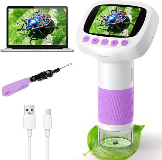 Pocket Kids Microscope for Over 3 Years Old, 1000X Handheld Microscope for Kids w/2''IPS Digital, Photo Video Mini Portable Microscopes, Science Edu Digiscope,Christmas Birthday Gifts for Kids