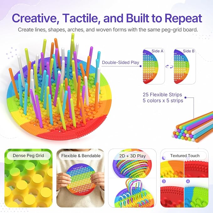 Silicone Sensory Activity Board for Toddlers Fine Motor Skills Fidget Toys | Kids calming noodles threading board eases anxiety ADHD autism portable classroom airplane office gift for adults all ages
