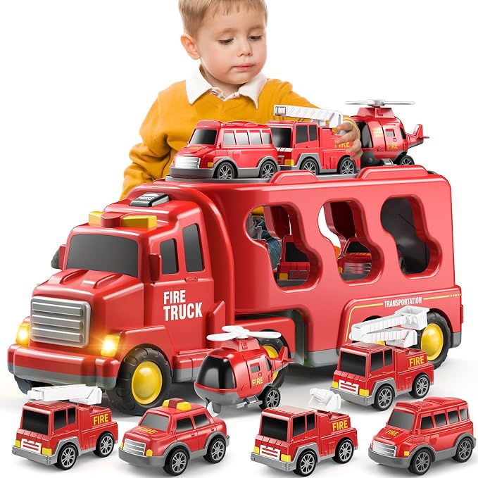 Fire Truck Toys for Toddler 3-5, Transport Car with Light Sound | 7-in-1 Fire Car Carrier Vehicle Set for Girls 3 4 5 6 Years Old, Birthdays Gifts for Kids Girls Aged 3-9