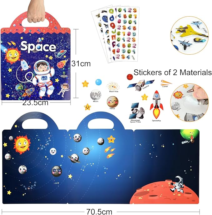 Space Sticker Book Toys, Travel Car Airplane Activities Gifts for Kids | 88 pcs Reusable Sticker,Waterproof Jelly Stickers, Portable Travel Toys,Educational Sensory Learning Toy,Gift for Boy Girl