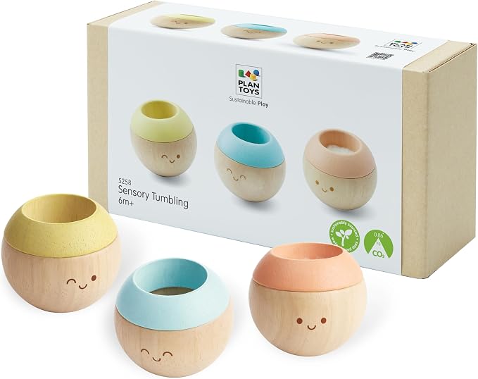 PlanToys® Pastel Wooden Tumbling Montessori Toy for Babies 6 Months+ Set | pastel wooden tumbling set, montessori sensory play, fine motor skill development, developmental baby toy, babies 6 months+ g