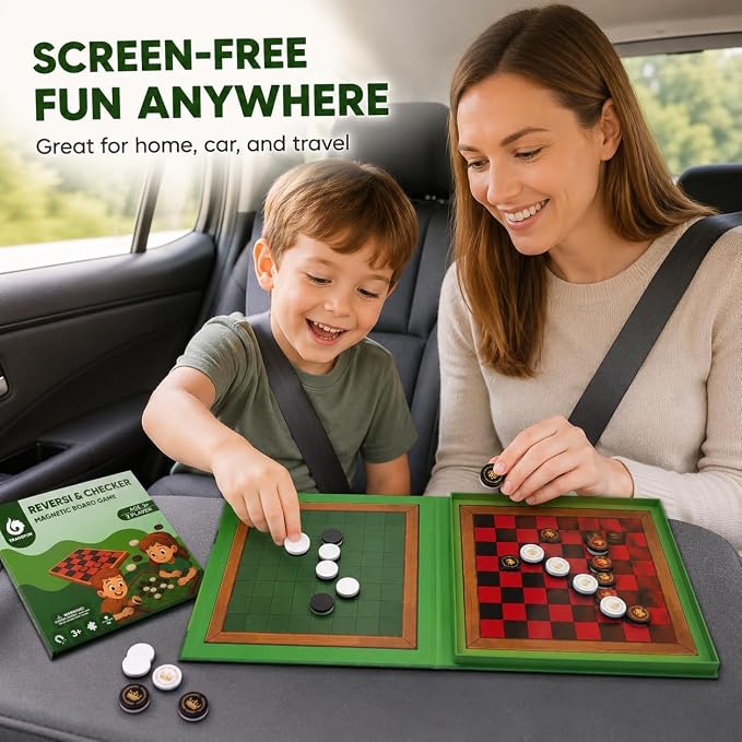 TRAVOFUN Magnetic Reversi and Checkers | Travel Games for Kids 8-12 | 2-in-1 travel reversi game and checkers board keeps magnetic pieces secure for car rides, flights, and strategy play.
