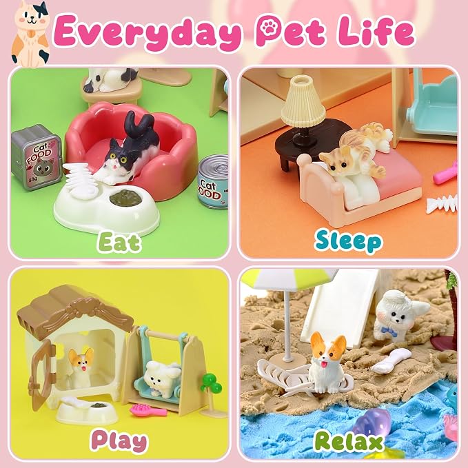 Crelloci Double-Layer Pet Magic Sand Playset, 2 Colors Magnetic Sand Sensory Bin with Cat & Dog Figures, Mess-Free Sand Toy Kit for Kids, Creative Sensory Play, Gift for Boys & Girls Age 3+