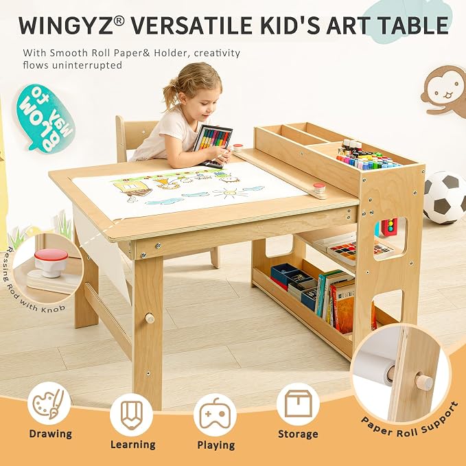 5-in-1 Kids Art Table and Chairs, Toddler Table and 2 Chairs Set FSC | Wooden Kids Craft Table with Storage Cabinet, Art Desk Activity Sensory Table with Paper Holder for Playroom Ages 2-12 Gifts