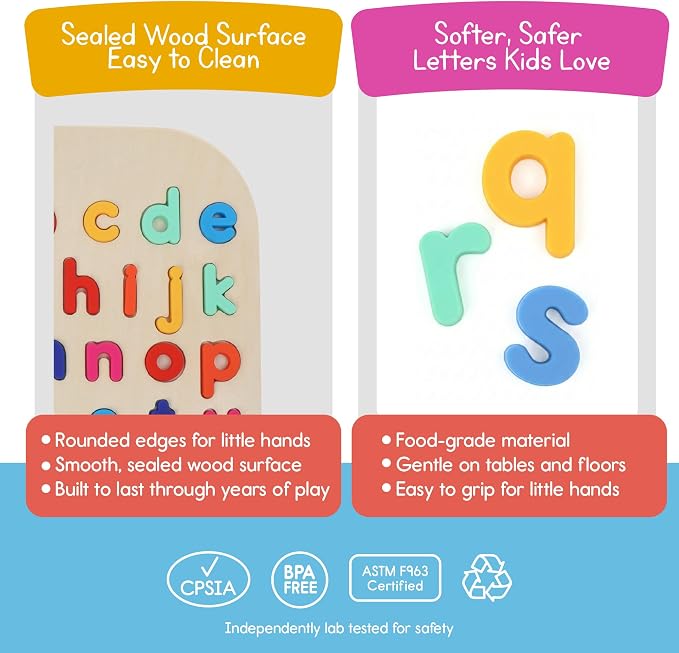 Lowercase Alphabet Puzzle for Kids, Sensory Bin Insert for Sensory Tables, Silicone Letters, Wooden Fine Motor Learning Toy