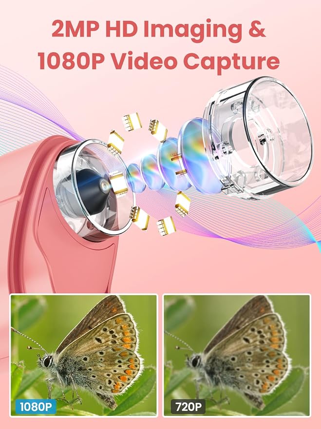 Microscope for Kids, 2.4 Inch Digital Microscope with 1000X Magnification, Handheld Camera Mini Pocket Magnifying Glass, Educational Birthday Gifts Toys for Ages 3+, Pink
