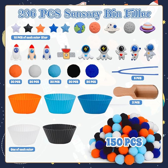 236pcs Space Sensory Bin Filler Fine Motor Toys Astronaut Spaceship Sensory Bin Items Astronauts Saturn Moon Mars Earth Rocket Planet Satellite Space Shuttle Stars for Preschool Education Activities