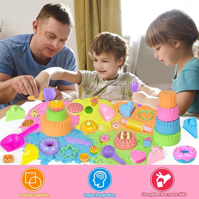 YongnKids Sensory Bin Cake & Ice Cream Sandbox w/Lid for Kids Girls Age 3+ | Play Sand Art Kit with 2.2lb Color Magic Sands,56p Senory Sand Bin- Cake Molds Tools Fun Gift Pretend Play Toys for Kids
