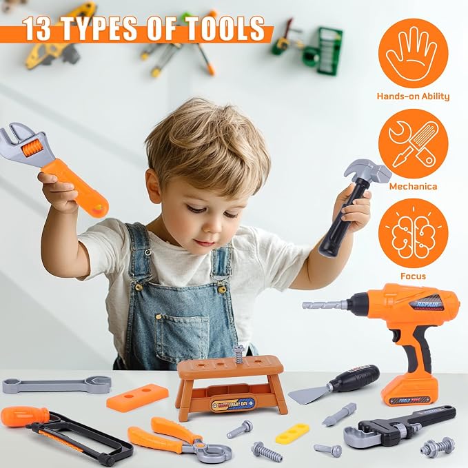 Magic4U Kids Tool Set, 52PCS Toddler Toolbag with Electric Drill, Tool Belt | Electric Drill with 3 bits, Pretend Play Construction Toys Costume Adjustable Tool Belt, Gloves and Goggles for Age 3-8