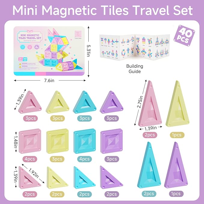 Mini Magnetic Tiles Girls Travel: 40PCS Macaron Blocks with Tin Box | 90 Mins Quiet Play, 45s Cleanup, Strong Magnets Holds 7+ Tiles - Airplane, Car & Road Trip Toys for Kids Age 3-6