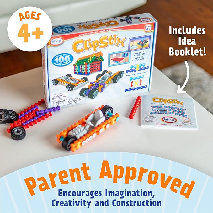POPULAR PLAYTHINGS Clipstix Building Sticks Kit, 100 Piece, Playstix | Construction Stem Building Gift, Playstix, for Boys & Girls, for Kids