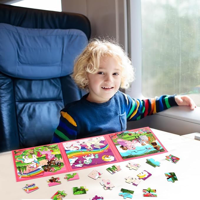 Magnetic Puzzles for Kids Ages 4-6, 20-Piece Preschooler Travel Toys Unicorn Princess Puzzles Ages 3-5, Educational Learning Magnets, Ideal Road Trip Activities Toys for 3 4 5 6 Boys and Girls