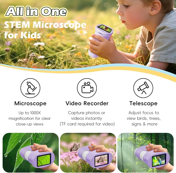 Alotwan Kids Digital Microscope 1000X Zoom, Mini Pocket Handheld Microscope with Camera/Video/Telescope Function, Portable Outdoor Travel Toys Magnifying Glass for Boys Girls 3-8 Years STEM Gifts